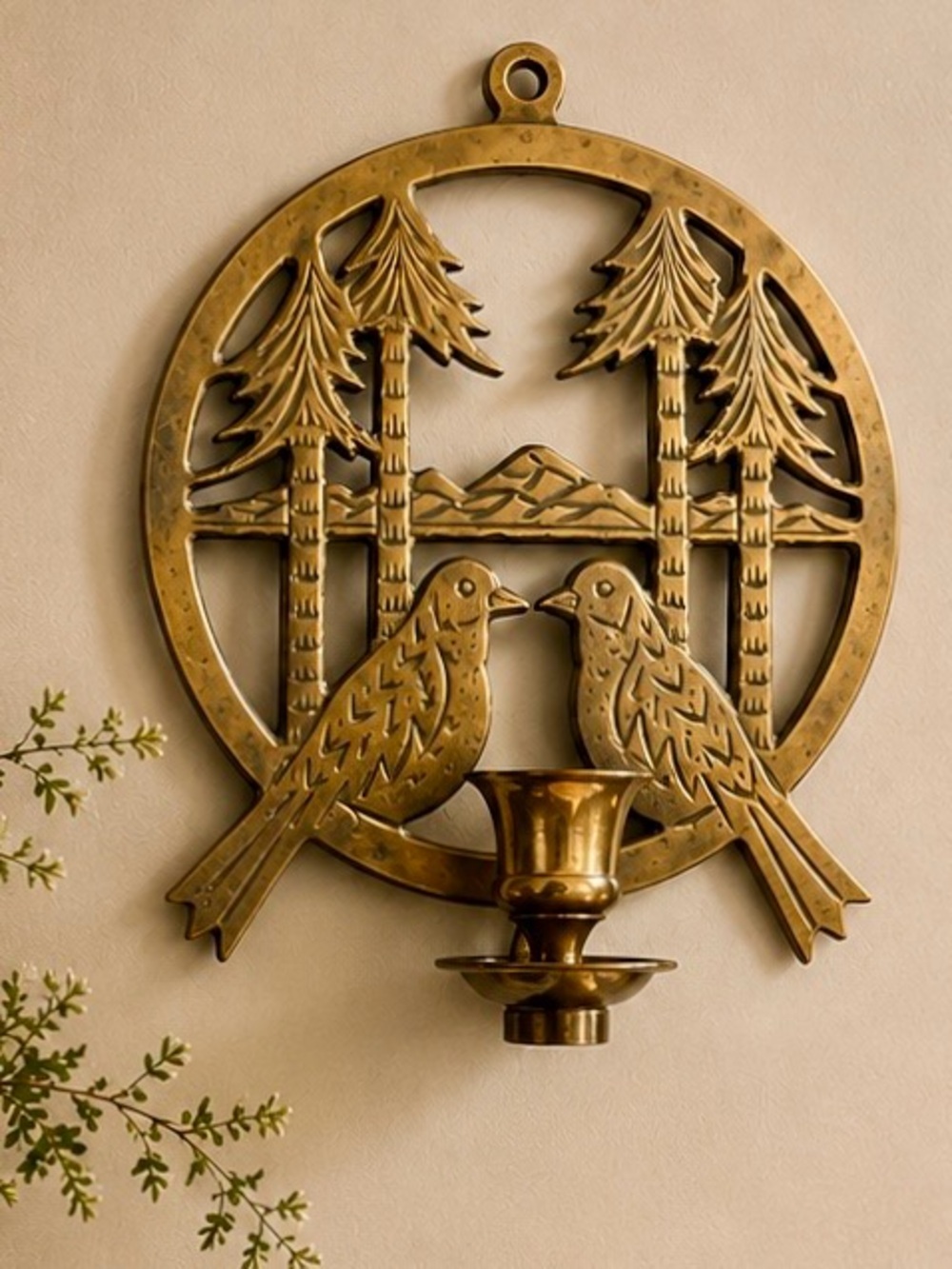 Vintage Solid Brass Birds & Pines Wall Candle Sconce – Made in India